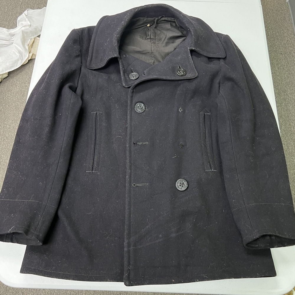 Vintage US Coast Guard Pea Coat Mens Black Wool Double Breasted Military Jacket